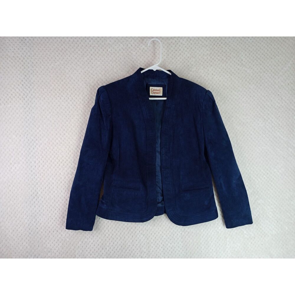Vtg Casual Corner Women's 11-12 Blue Suede Leather Scalloped Jacket